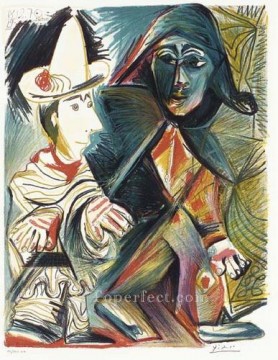 パブロ・ピカソ Painting - ピエロとハーレクイン 1972年 パブロ・ピカソ